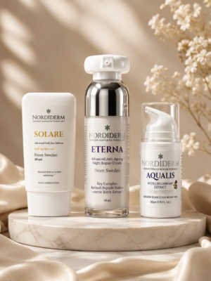 Nordiderm Signature Ritual skincare set with AQUALIS moisturizer, SOLARE sunscreen and ETERNA night repair cream
