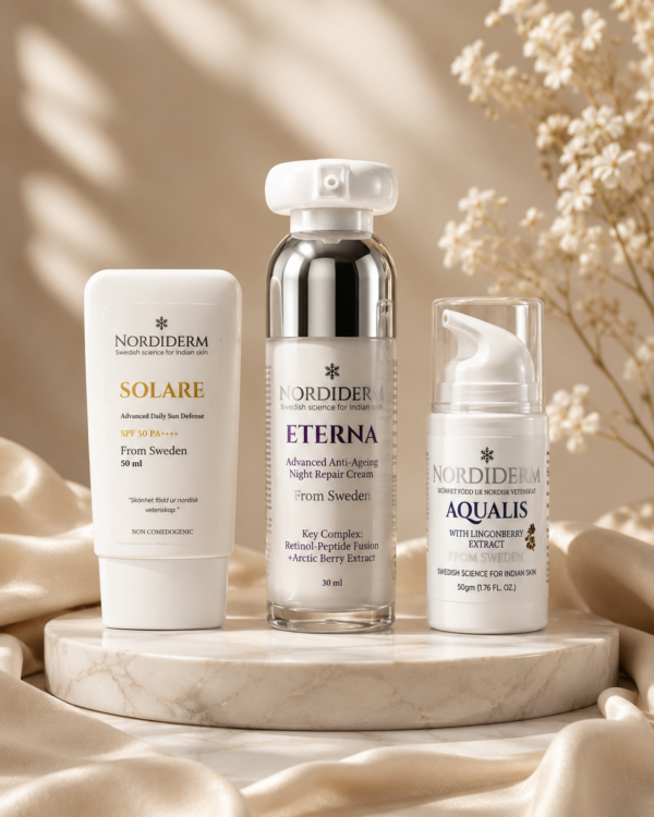 Nordiderm Signature Ritual skincare set with AQUALIS moisturizer, SOLARE sunscreen and ETERNA night repair cream